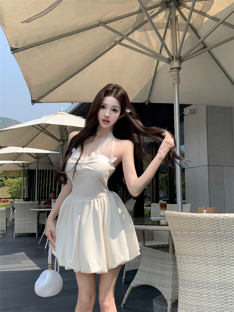 Women's Pure Desire High Waist A-Line Halter Dress with Mesh Splicing