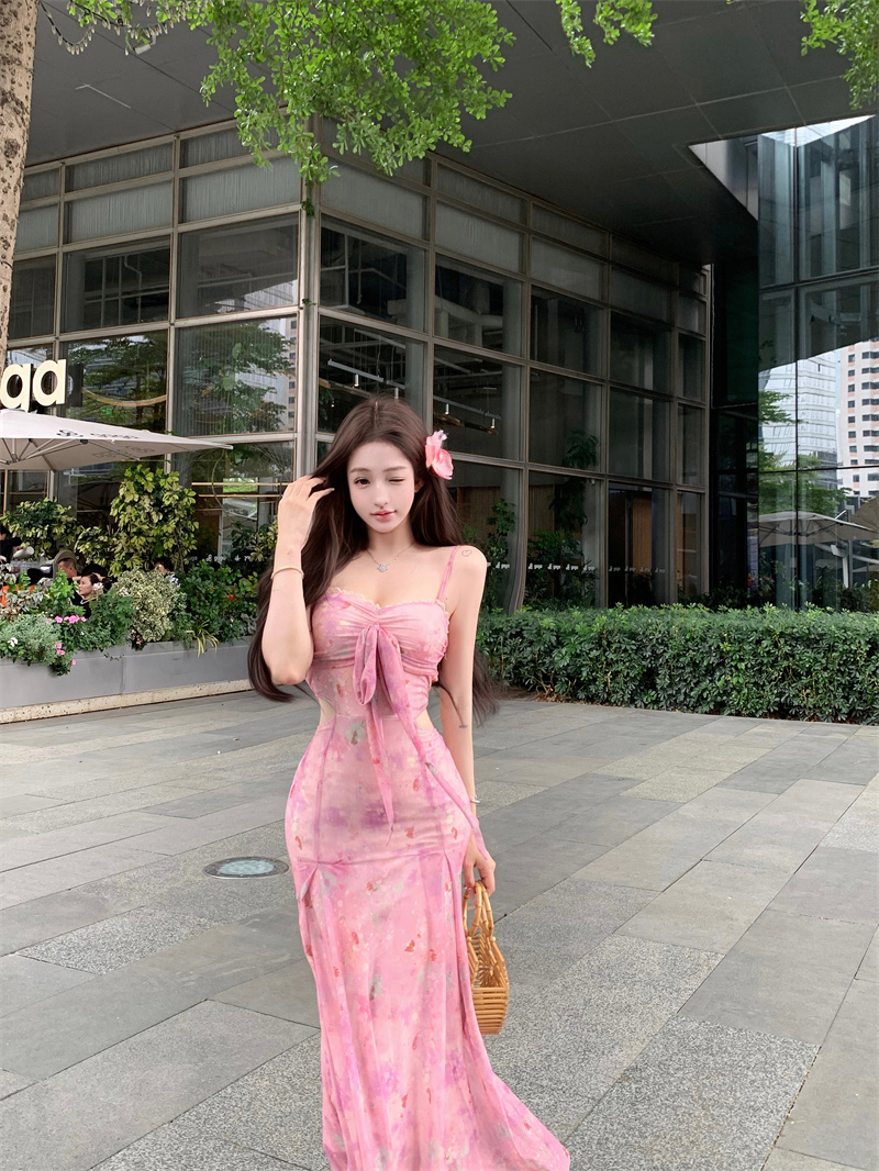 Pink Print Mesh Sleeveless Open Back High Waist A-Line Midi Dress - Image 3