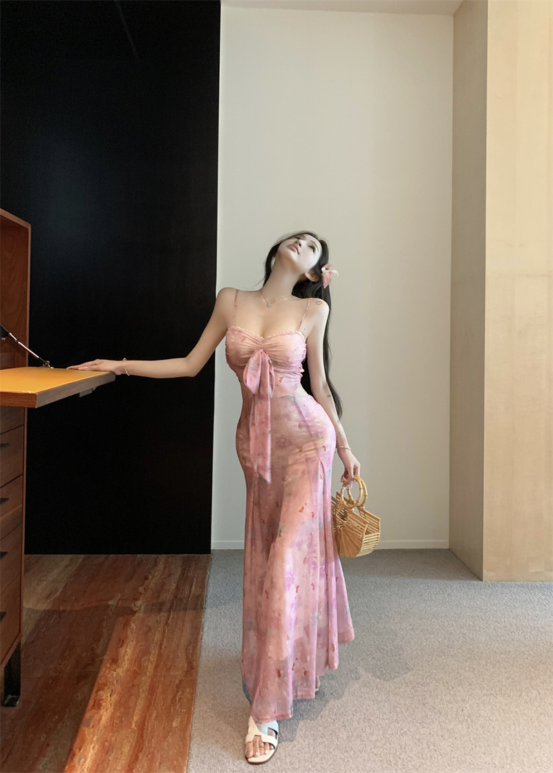 Pink Print Mesh Sleeveless Open Back High Waist A-Line Midi Dress - Image 2