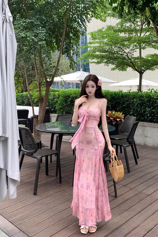Pink Print Mesh Sleeveless Open Back High Waist A-Line Midi Dress - Image 5