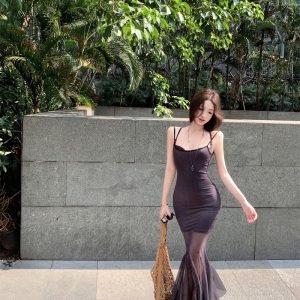 Gradient Mesh Cami Fishtail Dress Slim Fit Two Piece Set
