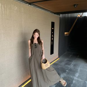 Nordic Walk Yamamoto Style Square Neck Utility Midi Dress with Large Pockets Tank Dress