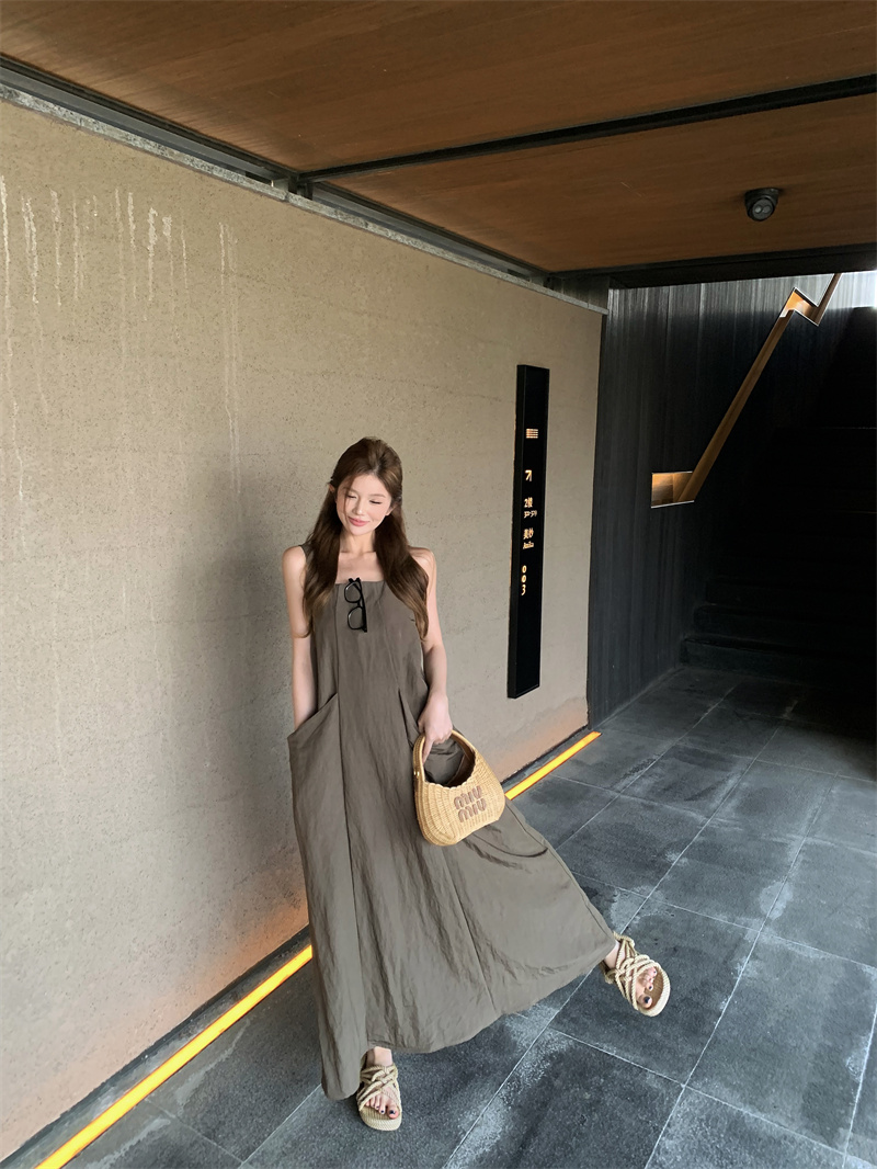 Nordic Walk Yamamoto Style Square Neck Utility Midi Dress with Large Pockets Tank Dress