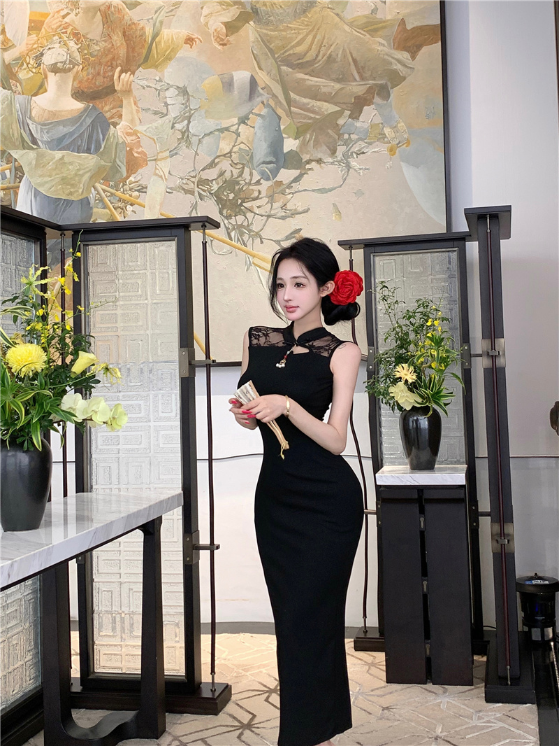 New Chinese Style Black Lace Panel Bodycon Qipao Dress with Slit - Image 3