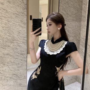 New Chinese Style Satin Butterfly Embroidered Midi Dress