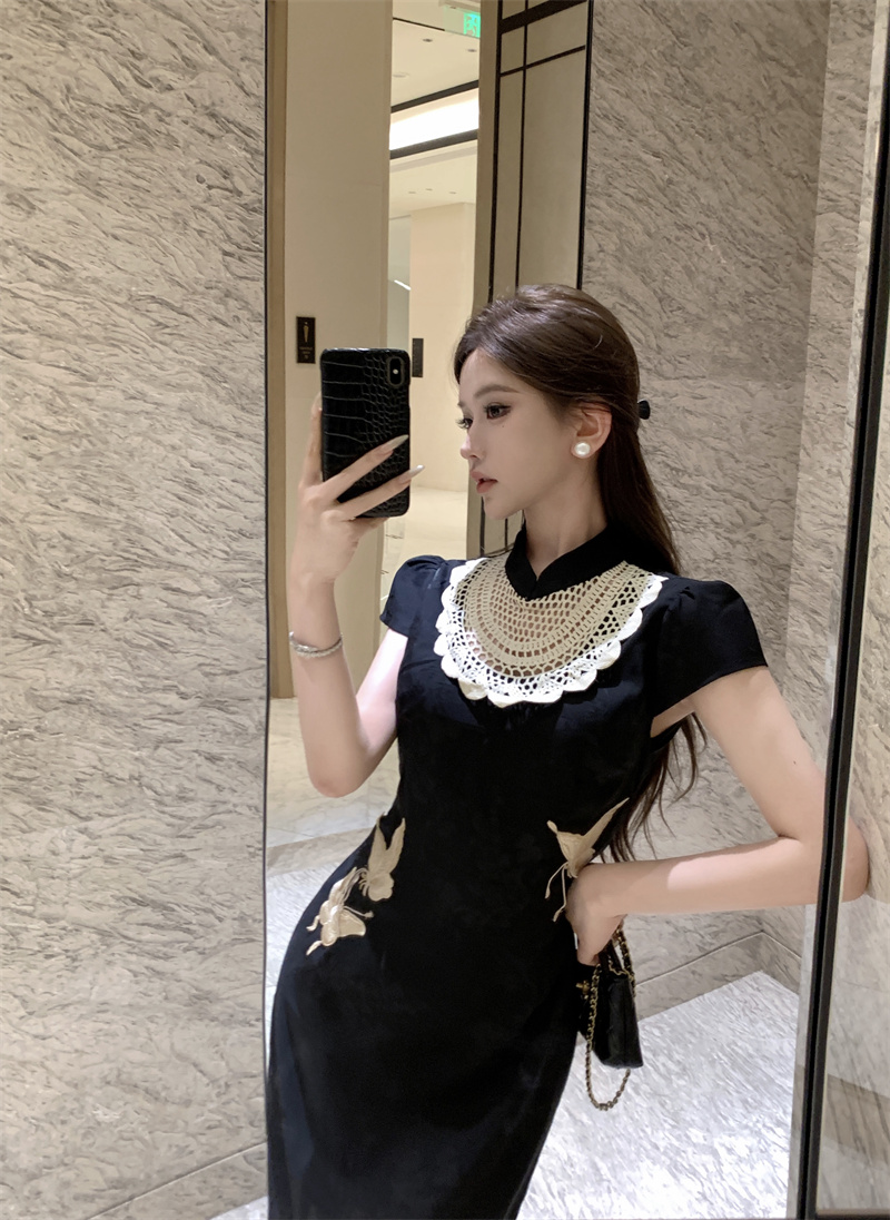 New Chinese Style Satin Butterfly Embroidered Midi Dress