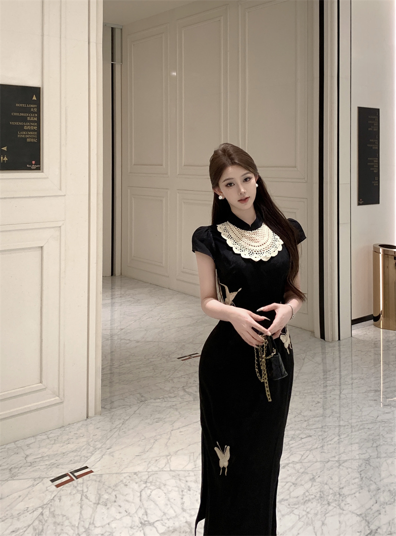 New Chinese Style Satin Butterfly Embroidered Midi Dress - Image 2