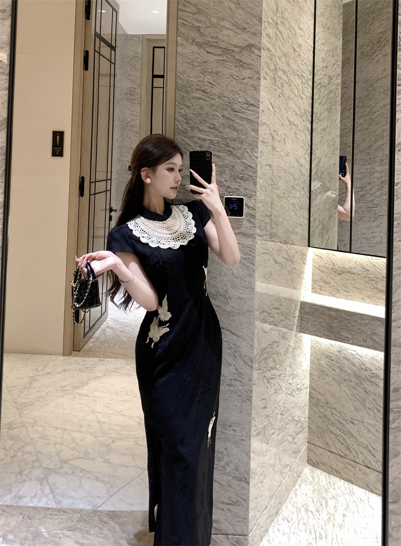 New Chinese Style Satin Butterfly Embroidered Midi Dress - Image 4