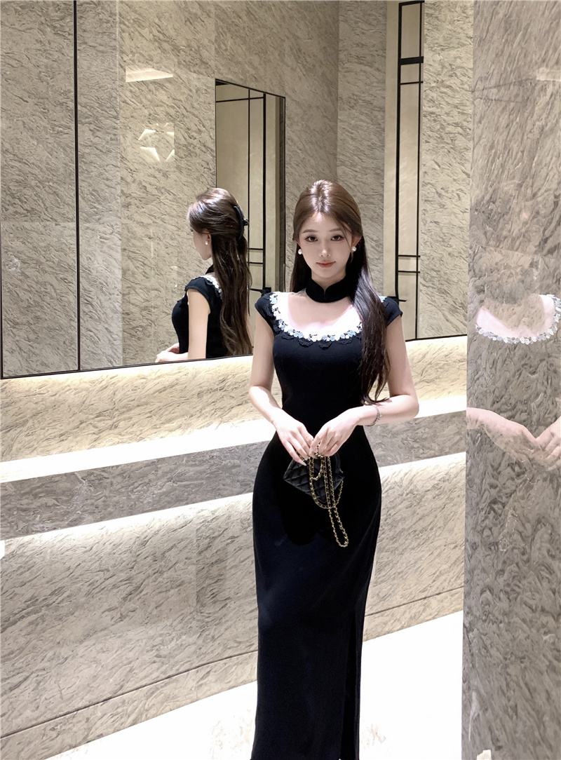 Sand-Washed 100% Linen Little Black Qipao Dress - Image 4