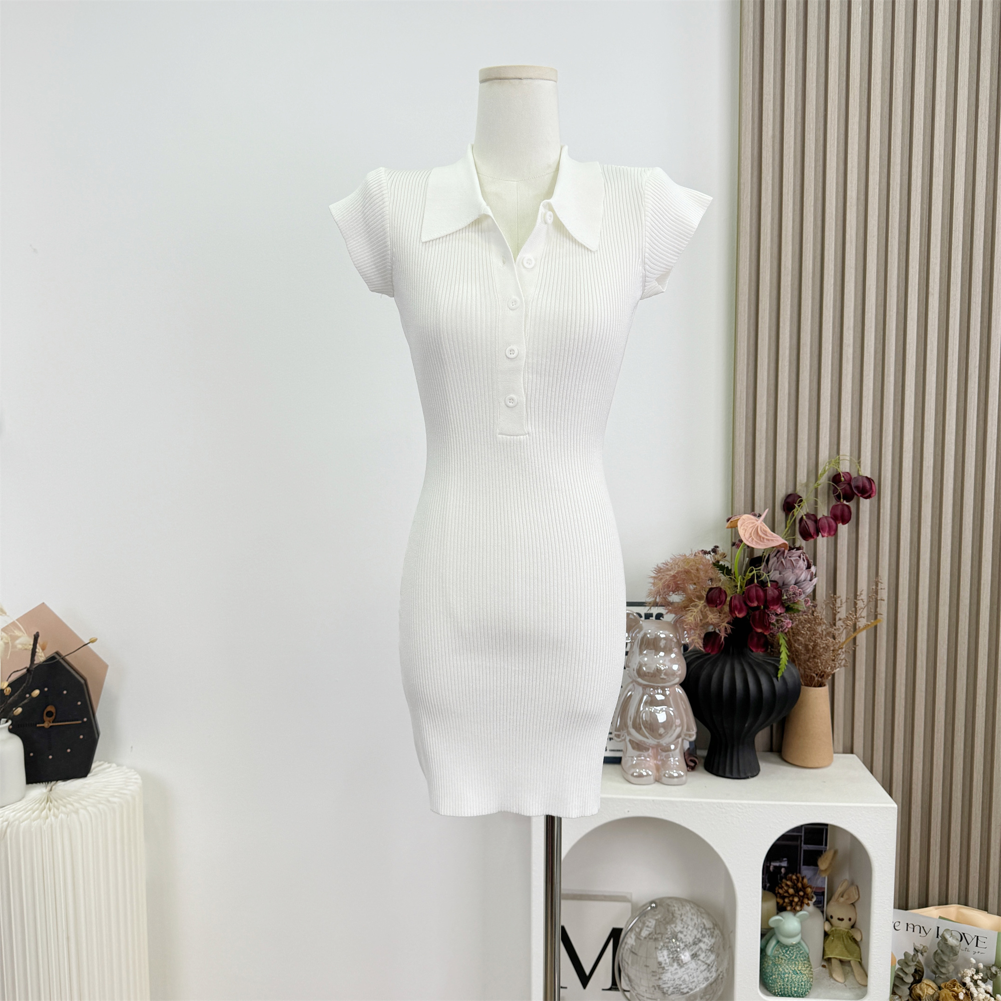 Polo Henley Knit Dress Stretch Slimming Waist-Hugging Hip-Fitted - Image 2