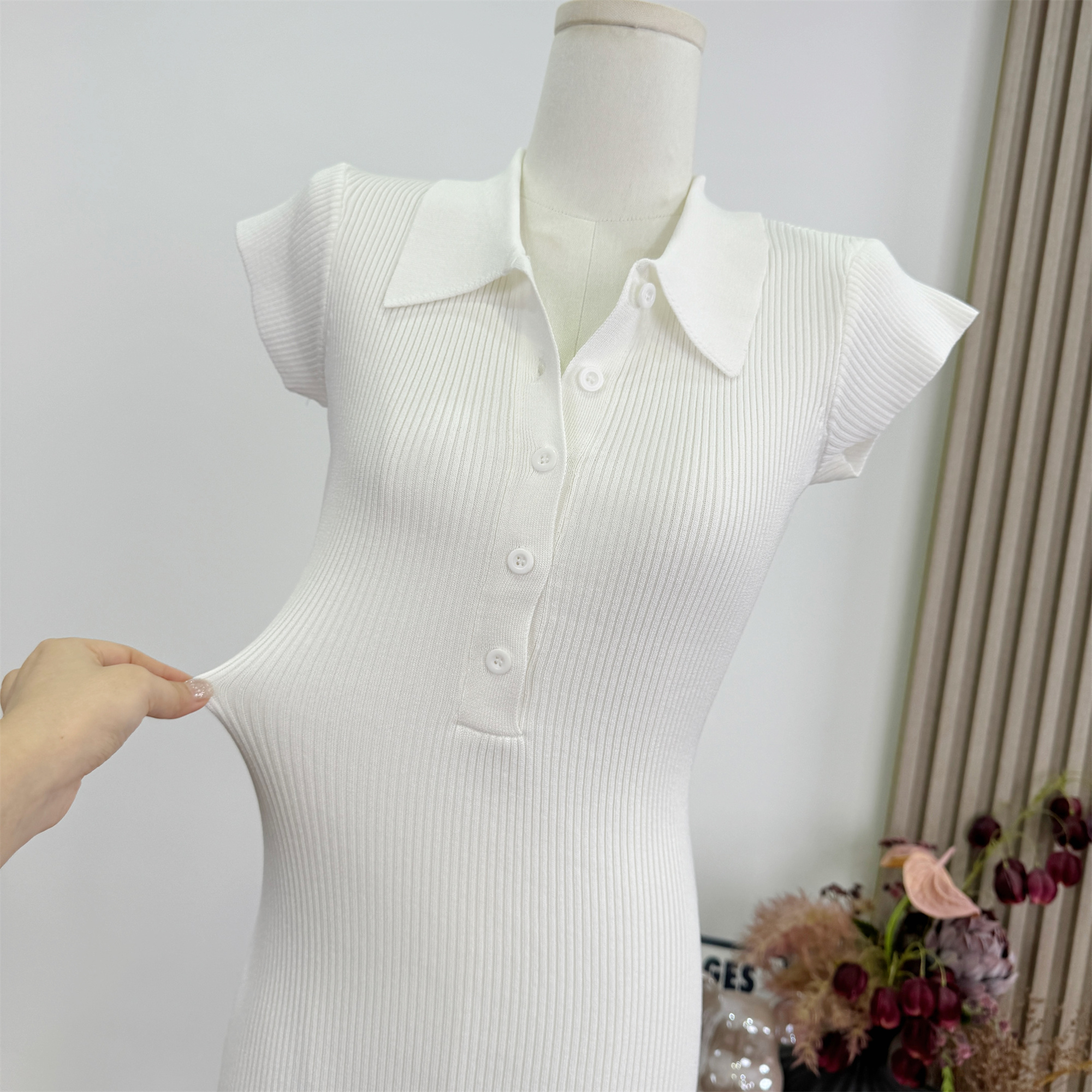Polo Henley Knit Dress Stretch Slimming Waist-Hugging Hip-Fitted - Image 3