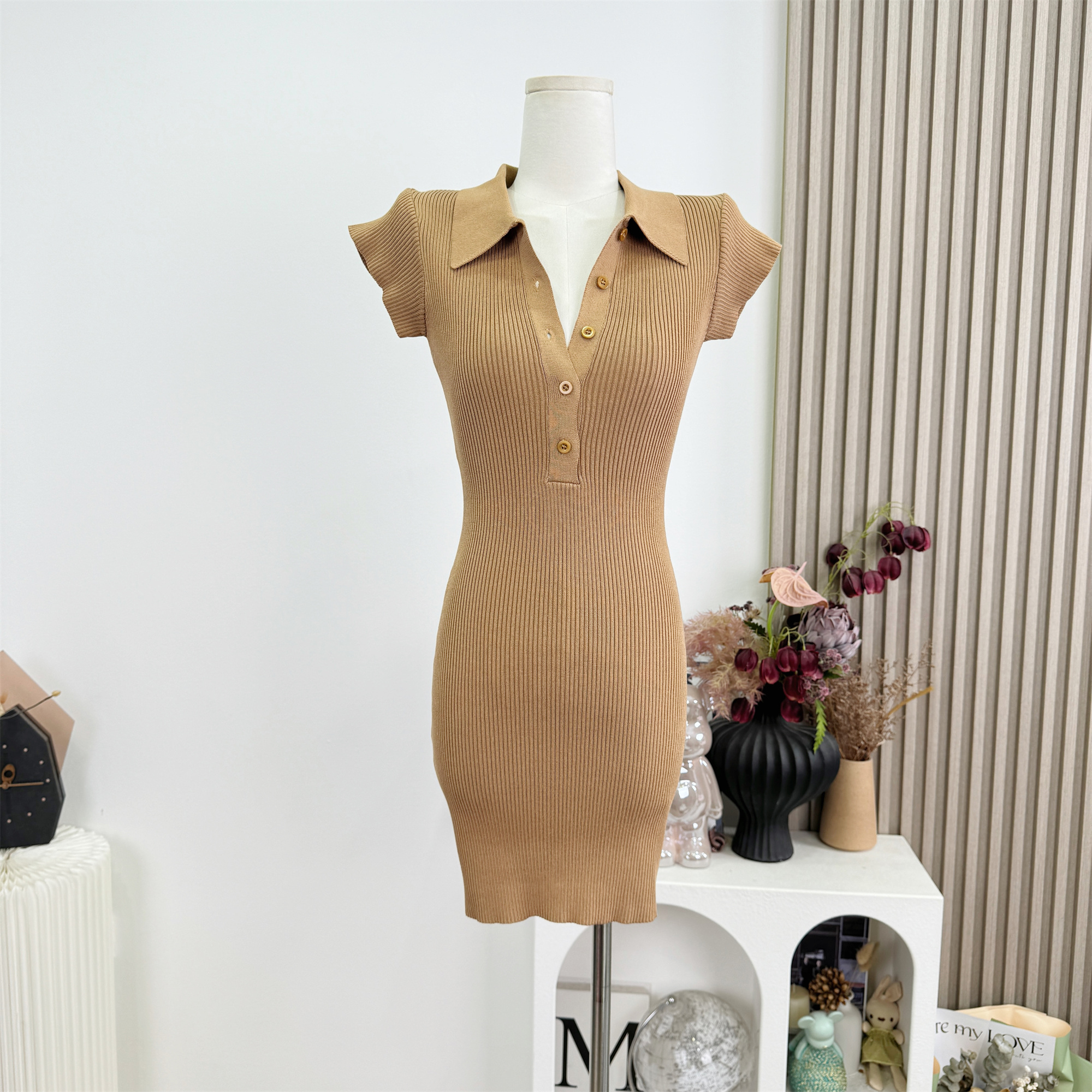 Polo Henley Knit Dress Stretch Slimming Waist-Hugging Hip-Fitted - Image 4