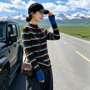 Brown Striped Half Turtleneck Slim Fit Knit Sweater for Women