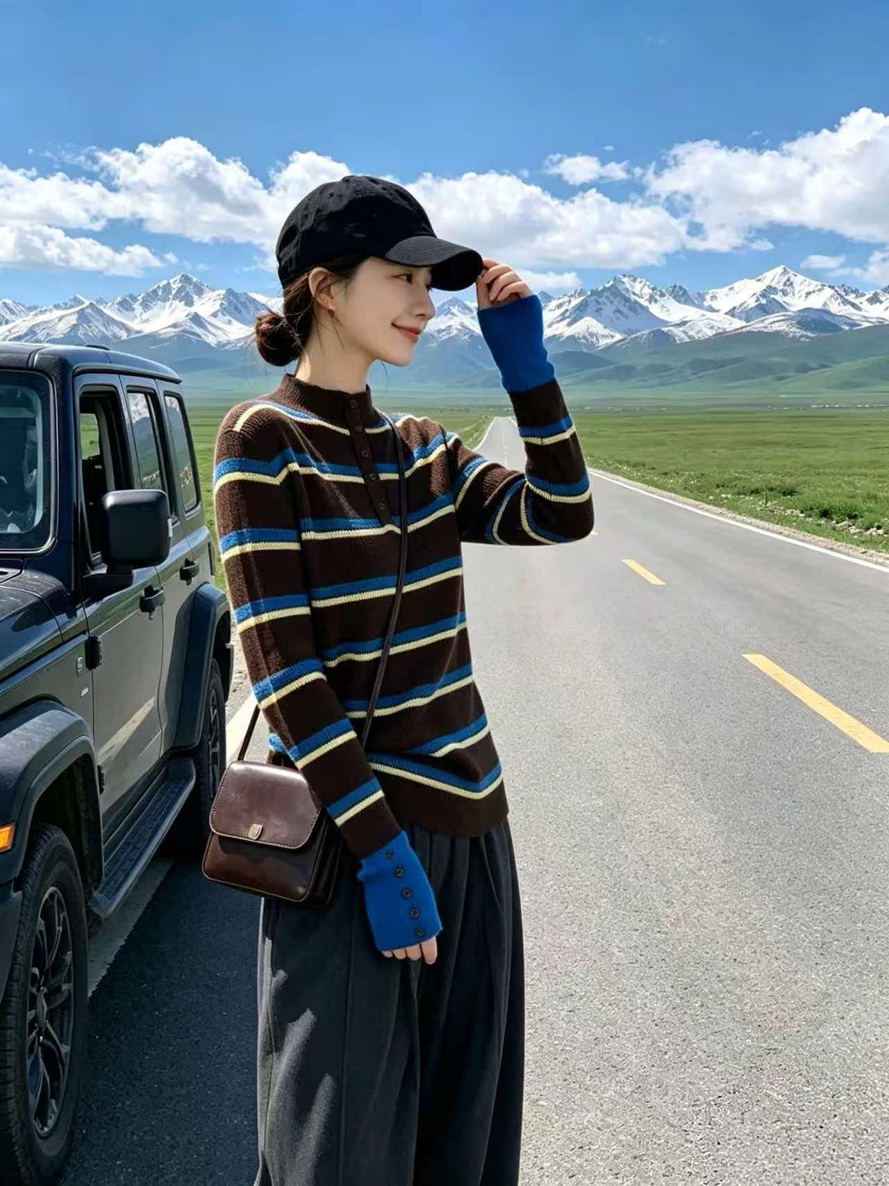 Brown Striped Half Turtleneck Slim Fit Knit Sweater for Women