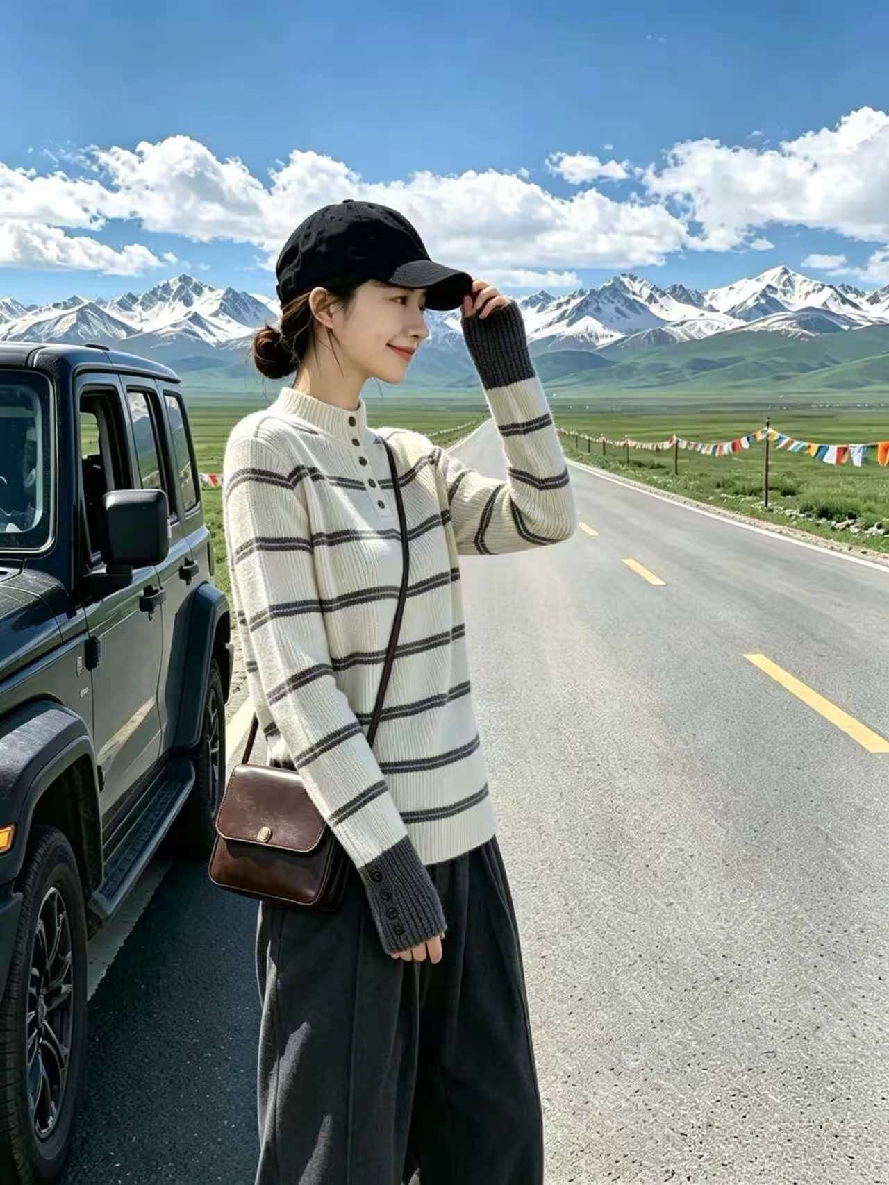 Brown Striped Half Turtleneck Slim Fit Knit Sweater for Women - Image 2