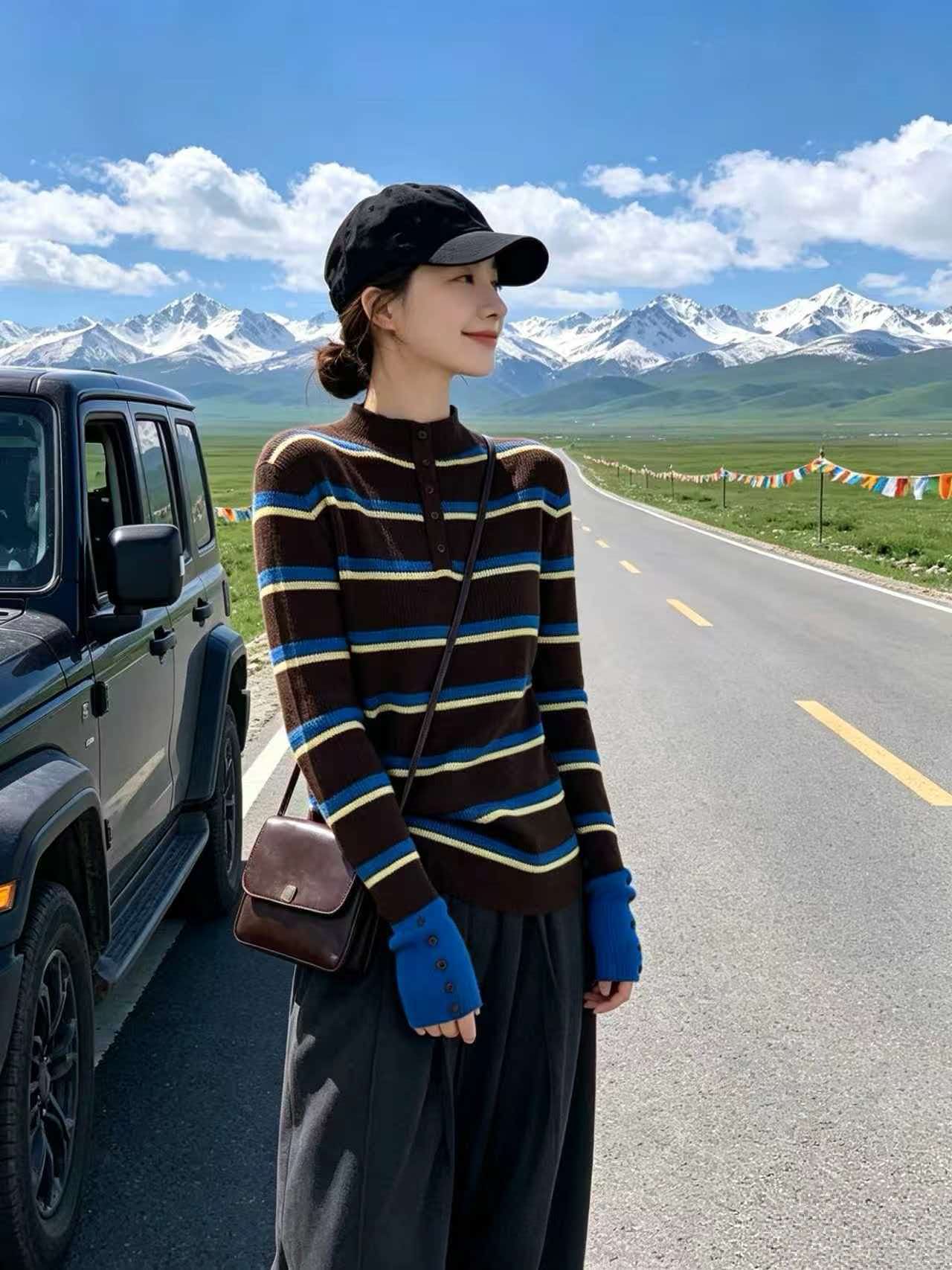 Brown Striped Half Turtleneck Slim Fit Knit Sweater for Women - Image 3