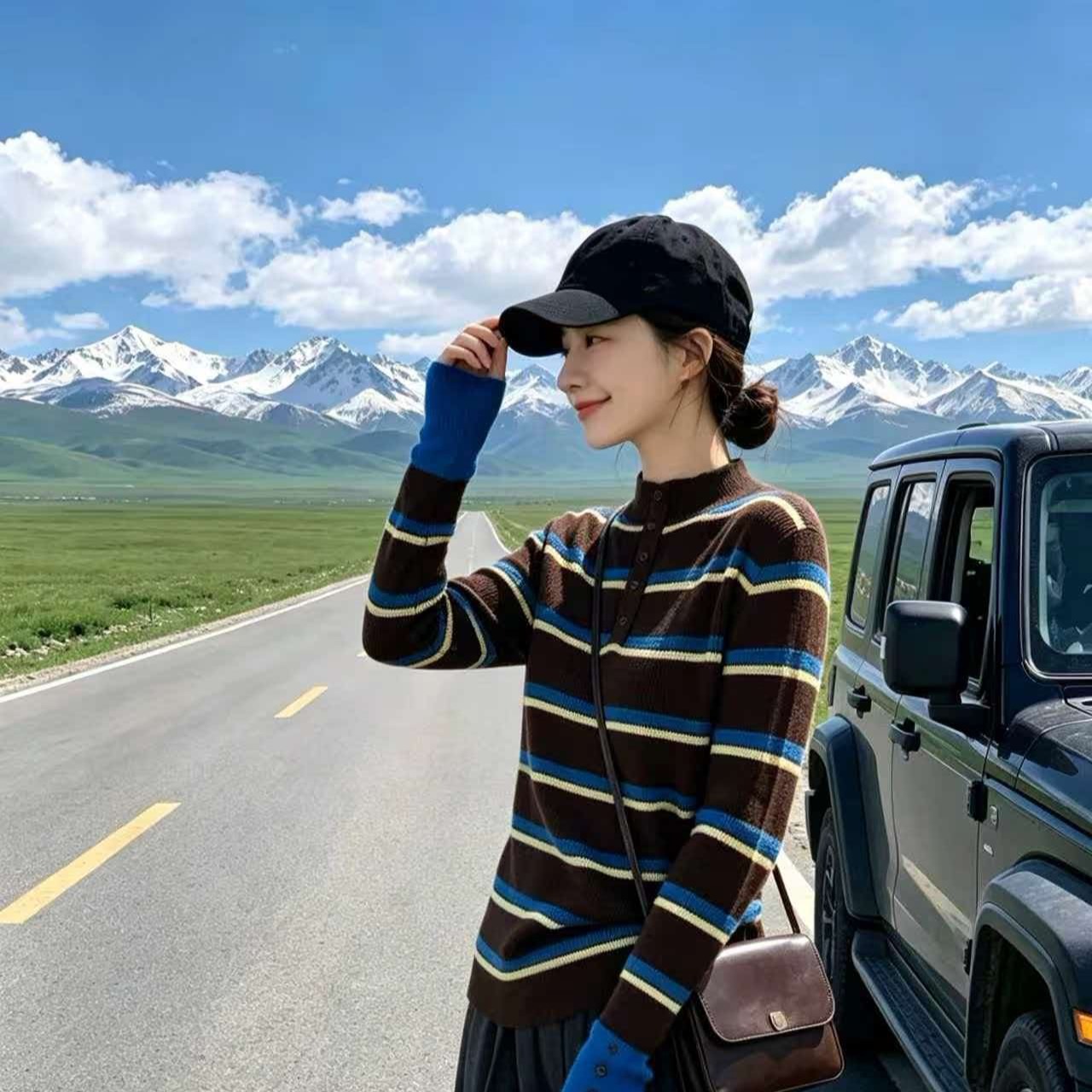Brown Striped Half Turtleneck Slim Fit Knit Sweater for Women - Image 5