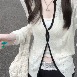 Women's Openwork Twist Knit Cardigan Top Long Sleeve Summer Design