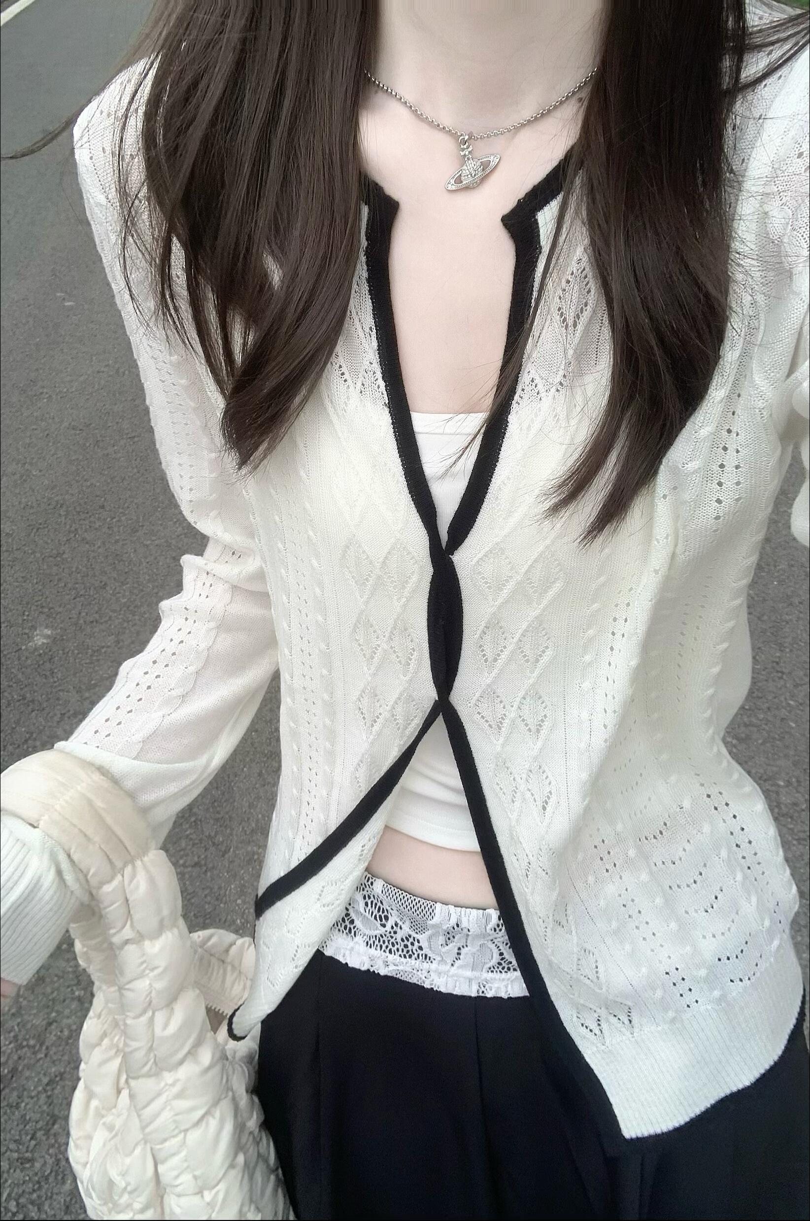 Women's Openwork Twist Knit Cardigan Top Long Sleeve Summer Design - Image 2