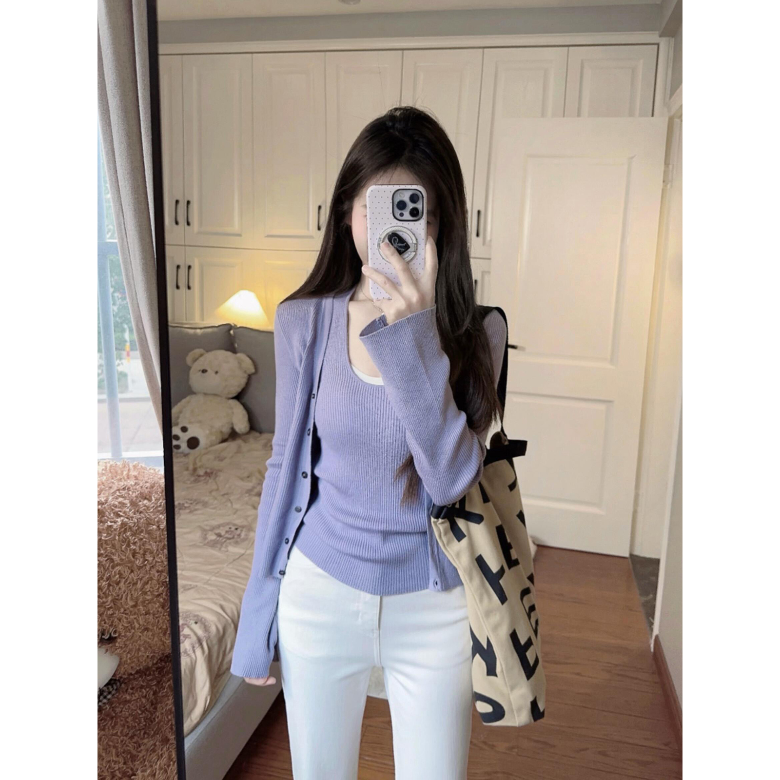 Women's Purple Knit Cardigan and Halter Vest Two-Piece Set Long Sleeve Lightweight Fall Outfit - Image 5