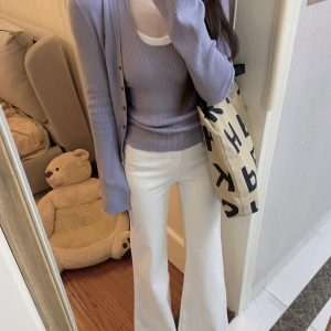 Women's Purple Knit Cardigan and Halter Vest Two-Piece Set Long Sleeve Lightweight Fall Outfit