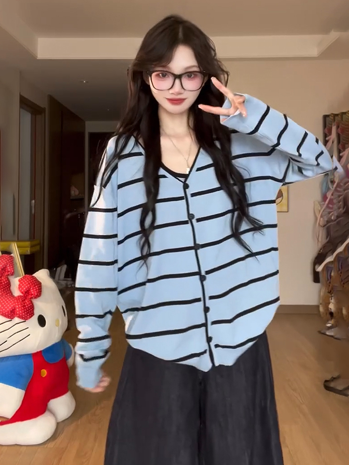 Blue Striped Knit Sweater Two-Piece Set Women's Lazy Loose Casual Long Sleeve Top - Image 2