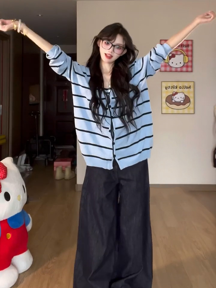 Blue Striped Knit Sweater Two-Piece Set Women's Lazy Loose Casual Long Sleeve Top - Image 3