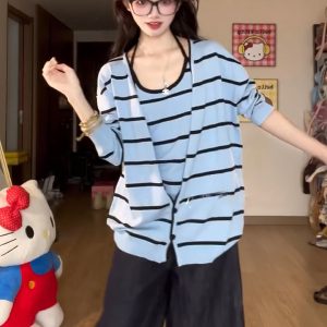 Blue Striped Knit Sweater Two-Piece Set Women's Lazy Loose Casual Long Sleeve Top