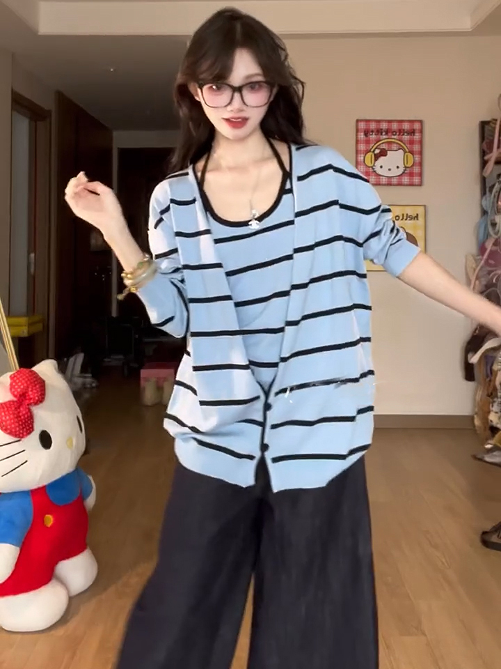 Blue Striped Knit Sweater Two-Piece Set Women's Lazy Loose Casual Long Sleeve Top