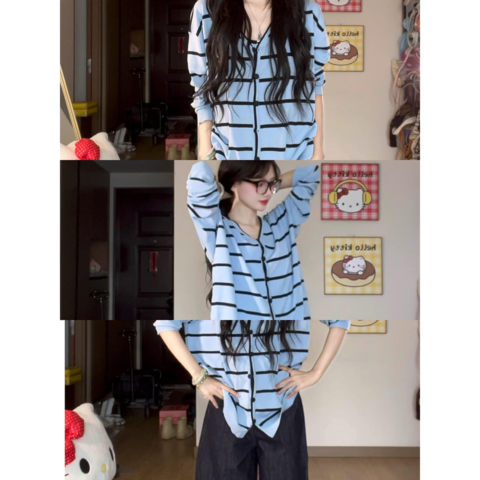 Blue Striped Knit Sweater Two-Piece Set Women's Lazy Loose Casual Long Sleeve Top - Image 5