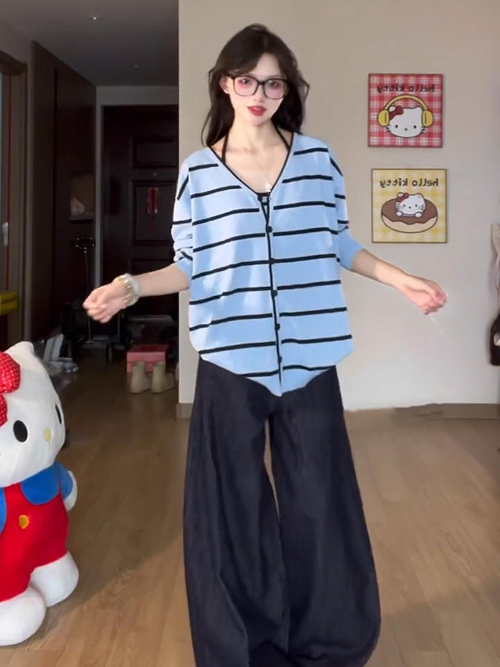 Blue Striped Knit Sweater Two-Piece Set Women's Lazy Loose Casual Long Sleeve Top - Image 4