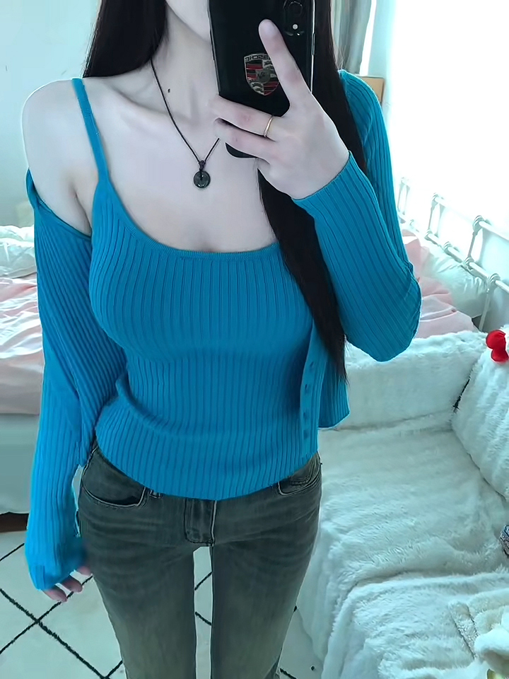 Women's Knit Cami Cardigan Set Korean Style Short Early Autumn - Image 2