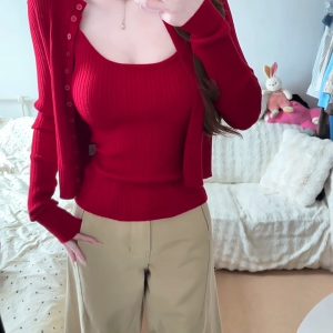 Women's Knit Cami Cardigan Two-Piece Set Korean Chic Early Autumn Outfit