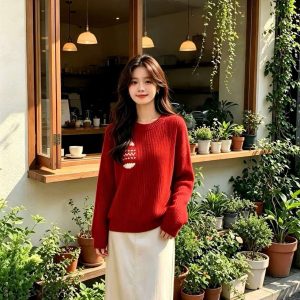 Women's Red Knit Pullover Sweater 2026 Fall Casual Top