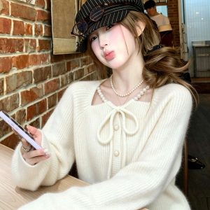 Cream Square Neck Long Sleeve Knit Sweater for Women Fall 2026 New Relaxed Elegant Top