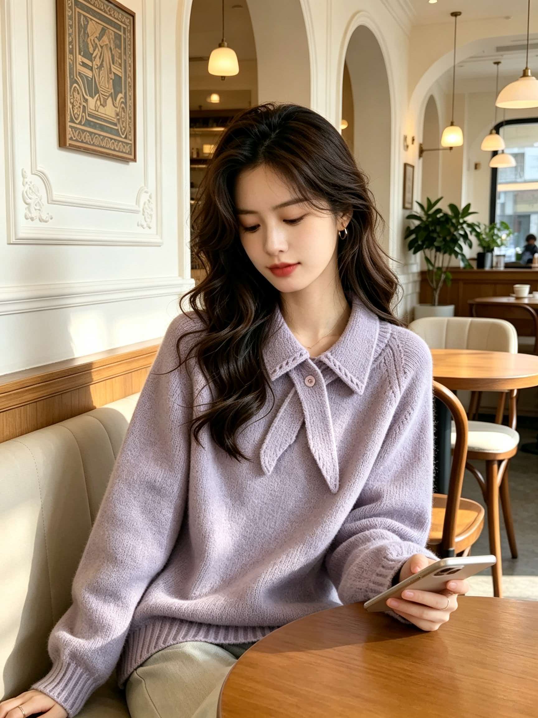 Purple Collared Soft Knit Sweater Cardigan Women 2026 Fall Winter Lazy High-End Top - Image 4