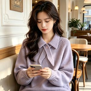 Purple Collared Soft Knit Sweater Cardigan Women 2026 Fall Winter Lazy High-End Top