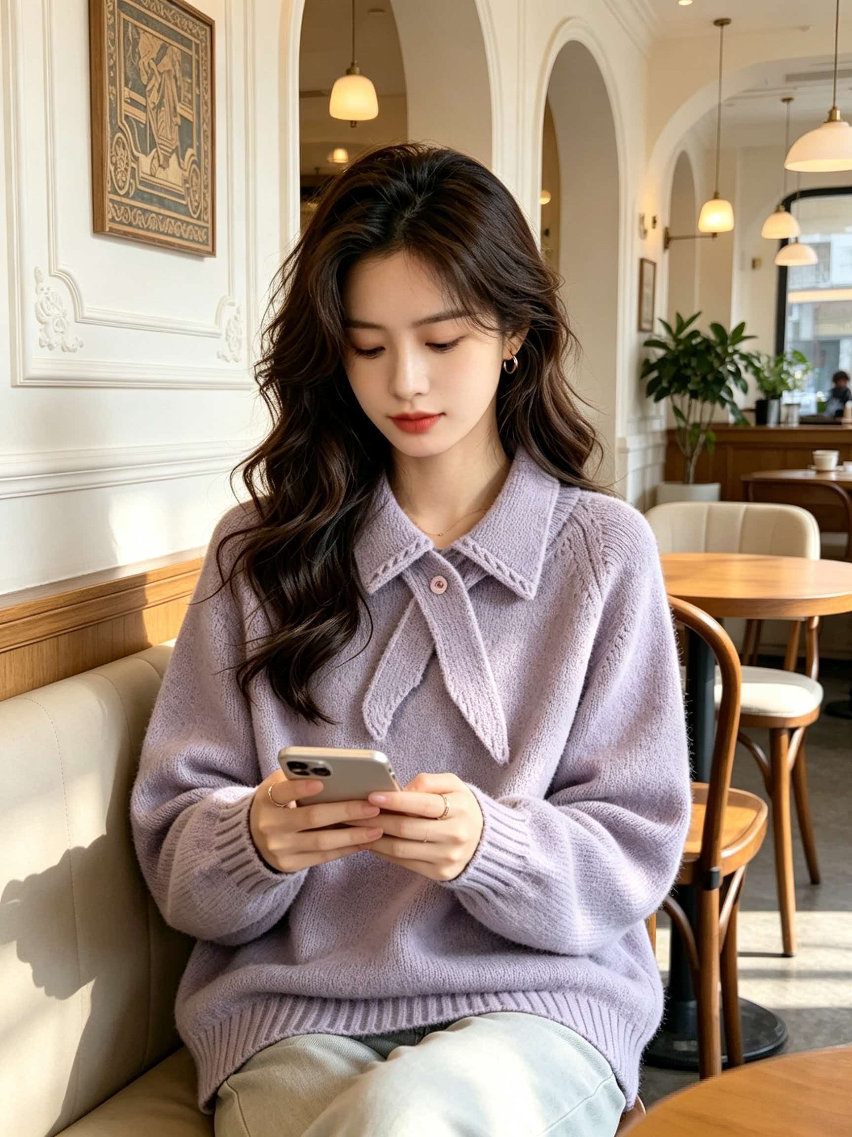 Purple Collared Soft Knit Sweater Cardigan Women 2026 Fall Winter Lazy High-End Top