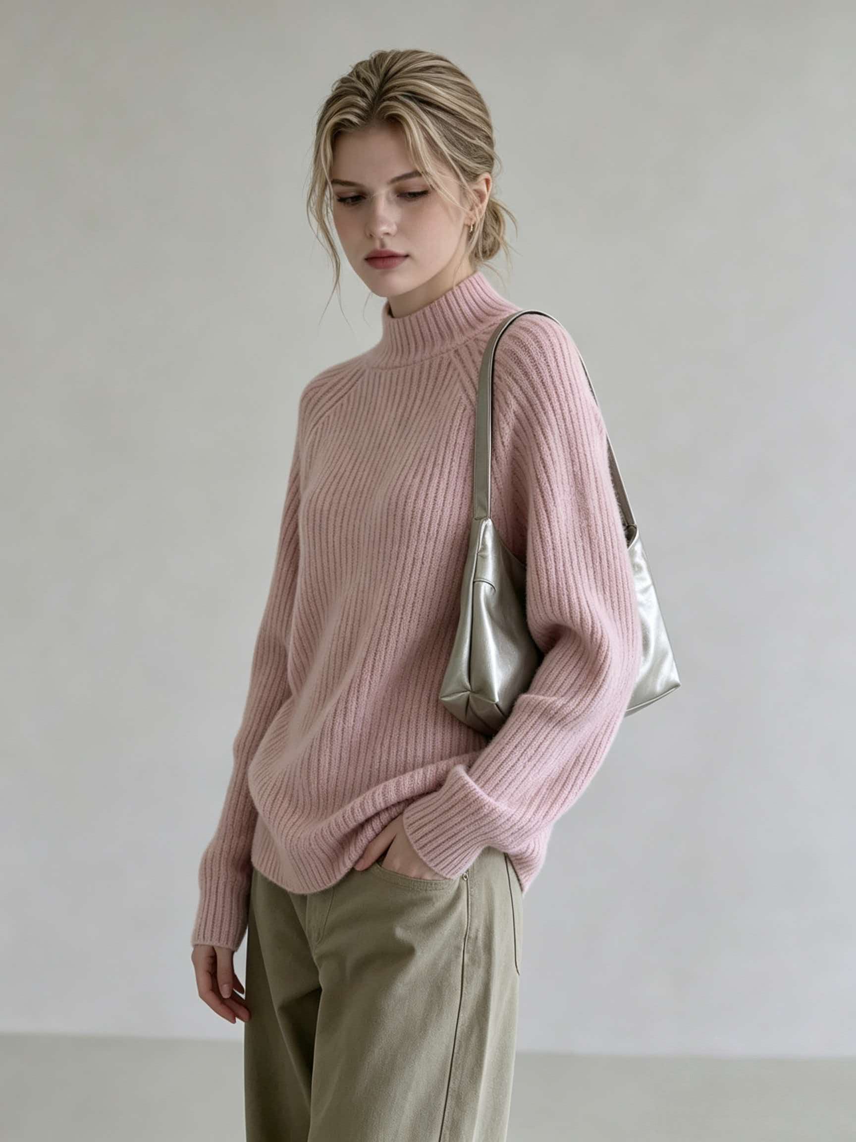 Pink Half Turtleneck Knit Base Sweater for Women Fall Winter Inner Layer Top - Image 2
