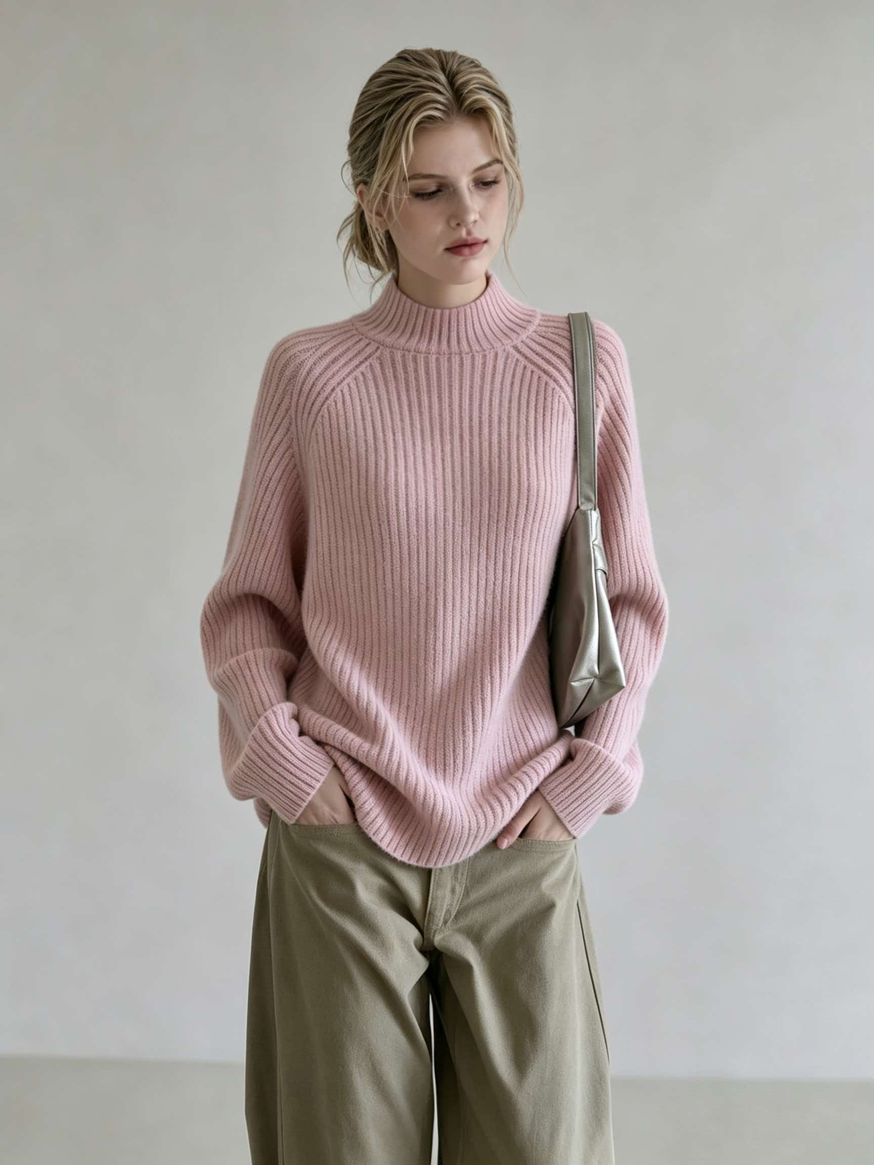 Pink Half Turtleneck Knit Base Sweater for Women Fall Winter Inner Layer Top - Image 3