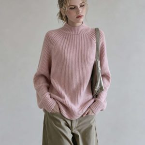 Pink Half Turtleneck Knit Base Sweater for Women Fall Winter Inner Layer Top