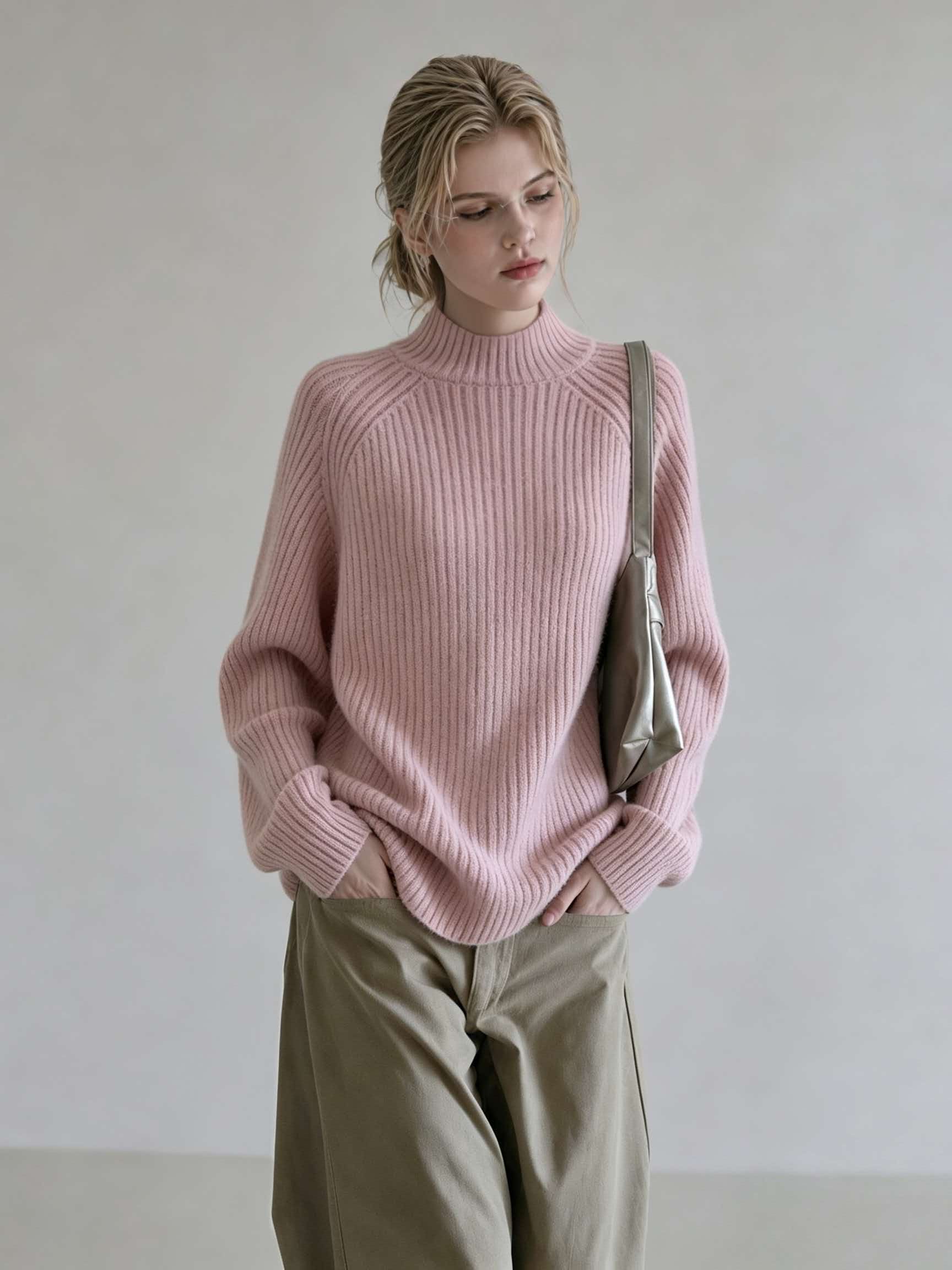 Pink Half Turtleneck Knit Base Sweater for Women Fall Winter Inner Layer Top