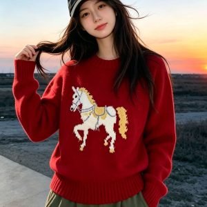 Red White Horse Print Soft Knit Sweater for Women 2026 Fall Winter Christmas Outfit Top