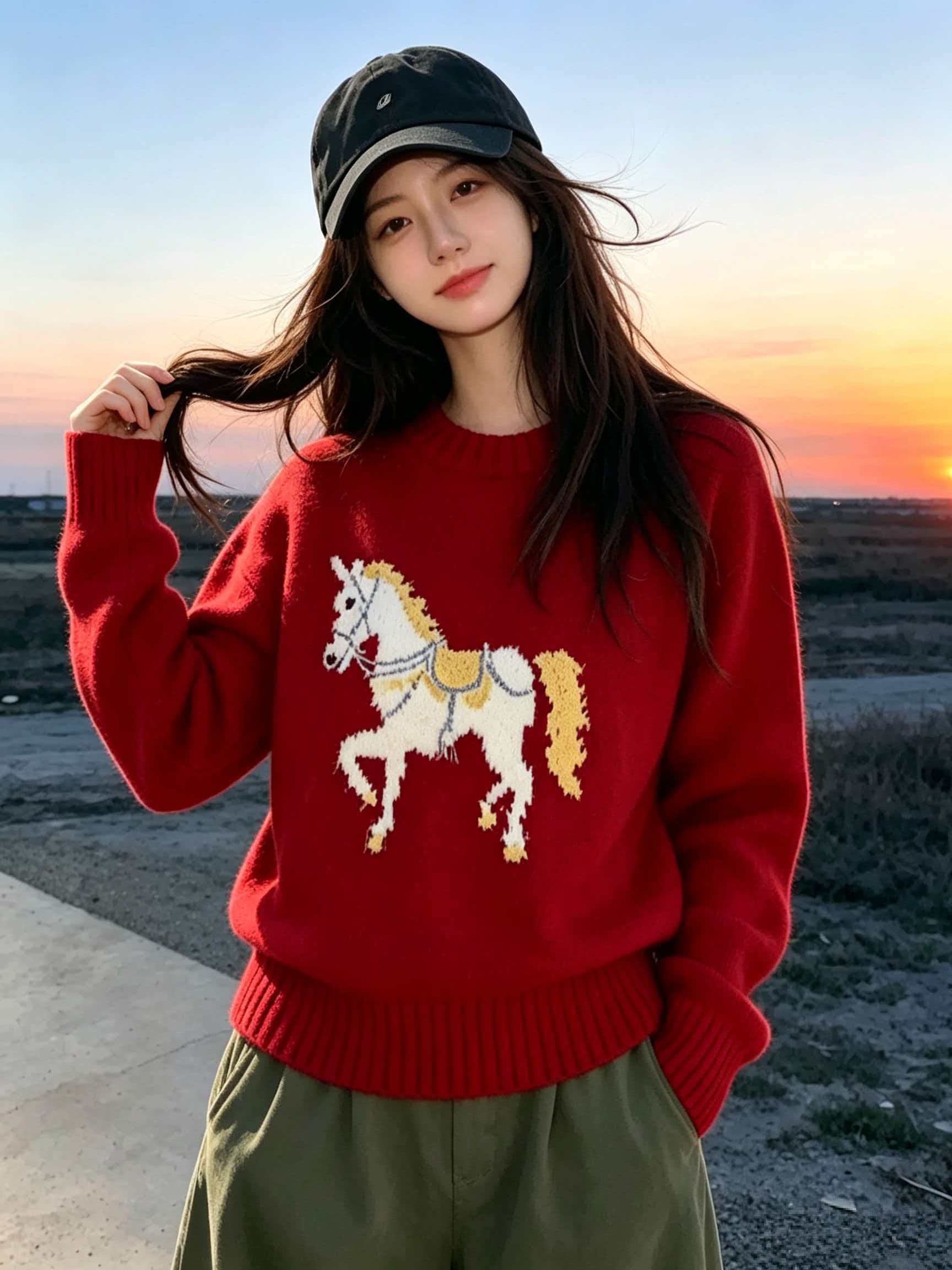 Red White Horse Print Soft Knit Sweater for Women 2026 Fall Winter Christmas Outfit Top