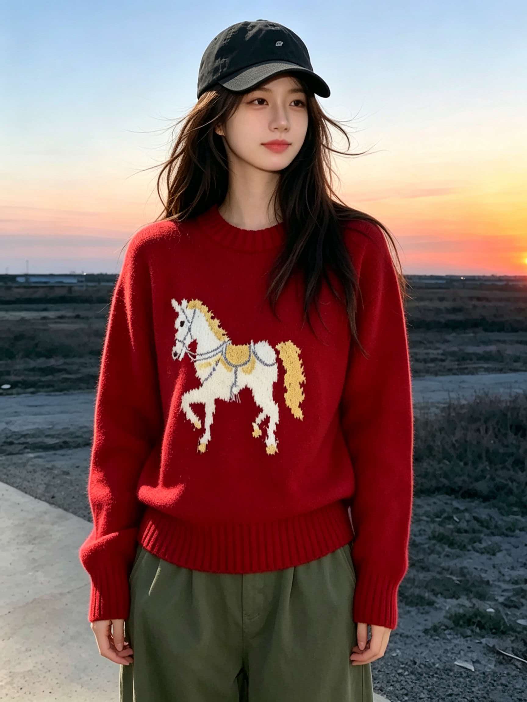 Red White Horse Print Soft Knit Sweater for Women 2026 Fall Winter Christmas Outfit Top - Image 2