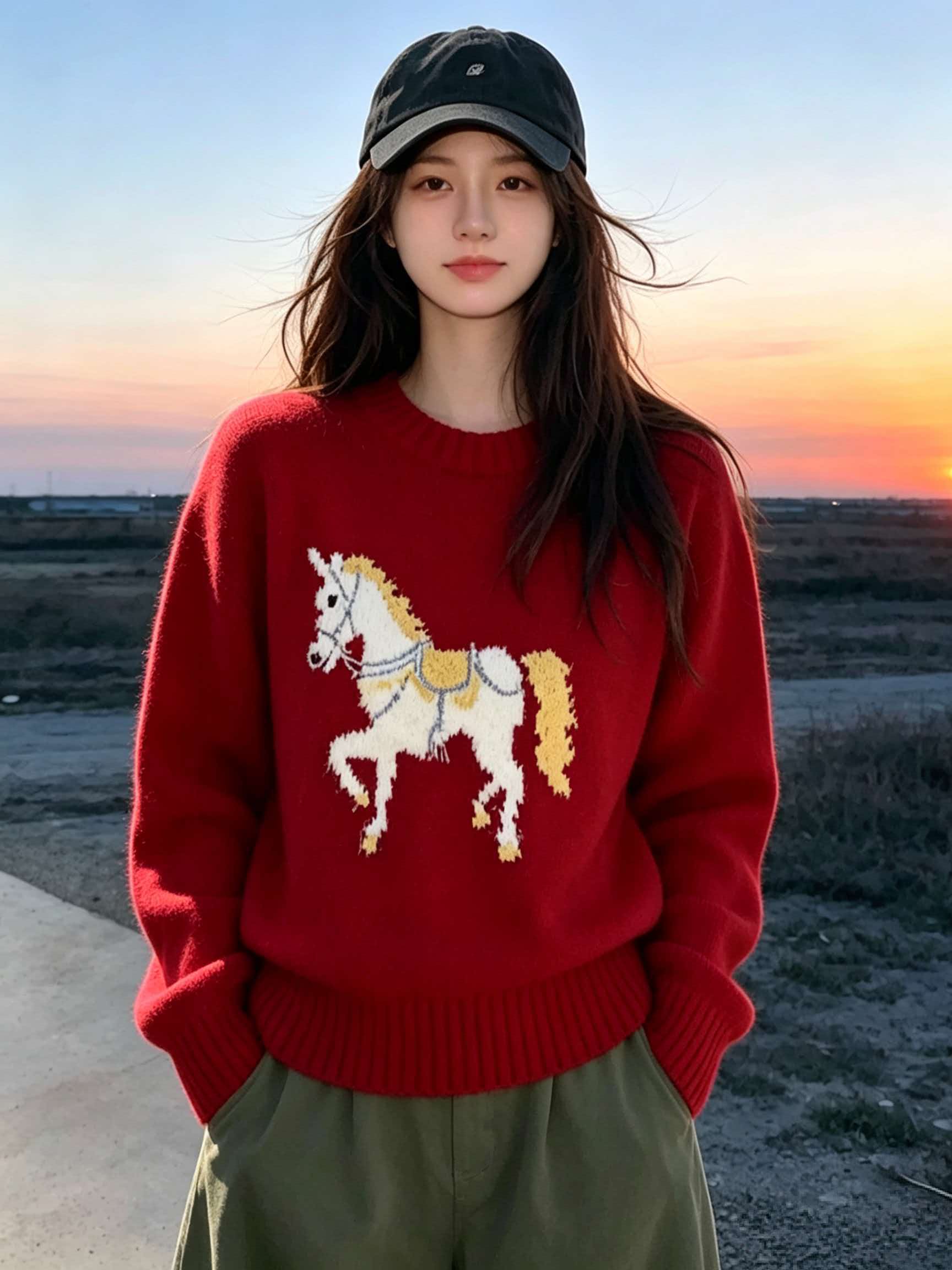 Red White Horse Print Soft Knit Sweater for Women 2026 Fall Winter Christmas Outfit Top - Image 3