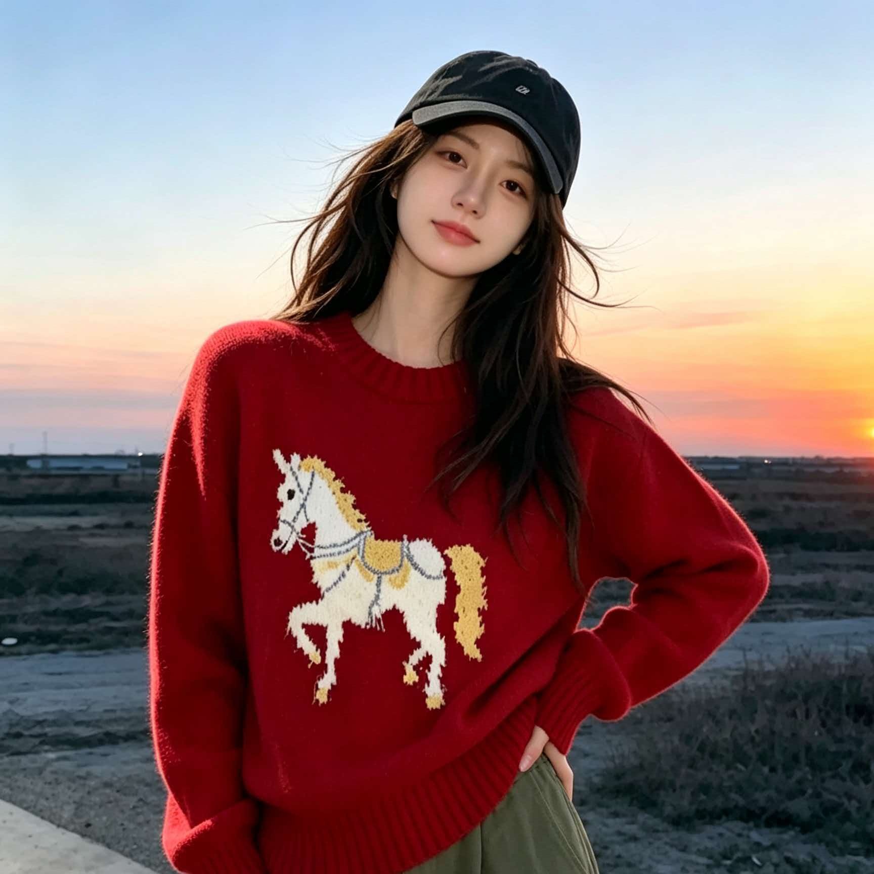 Red White Horse Print Soft Knit Sweater for Women 2026 Fall Winter Christmas Outfit Top - Image 5