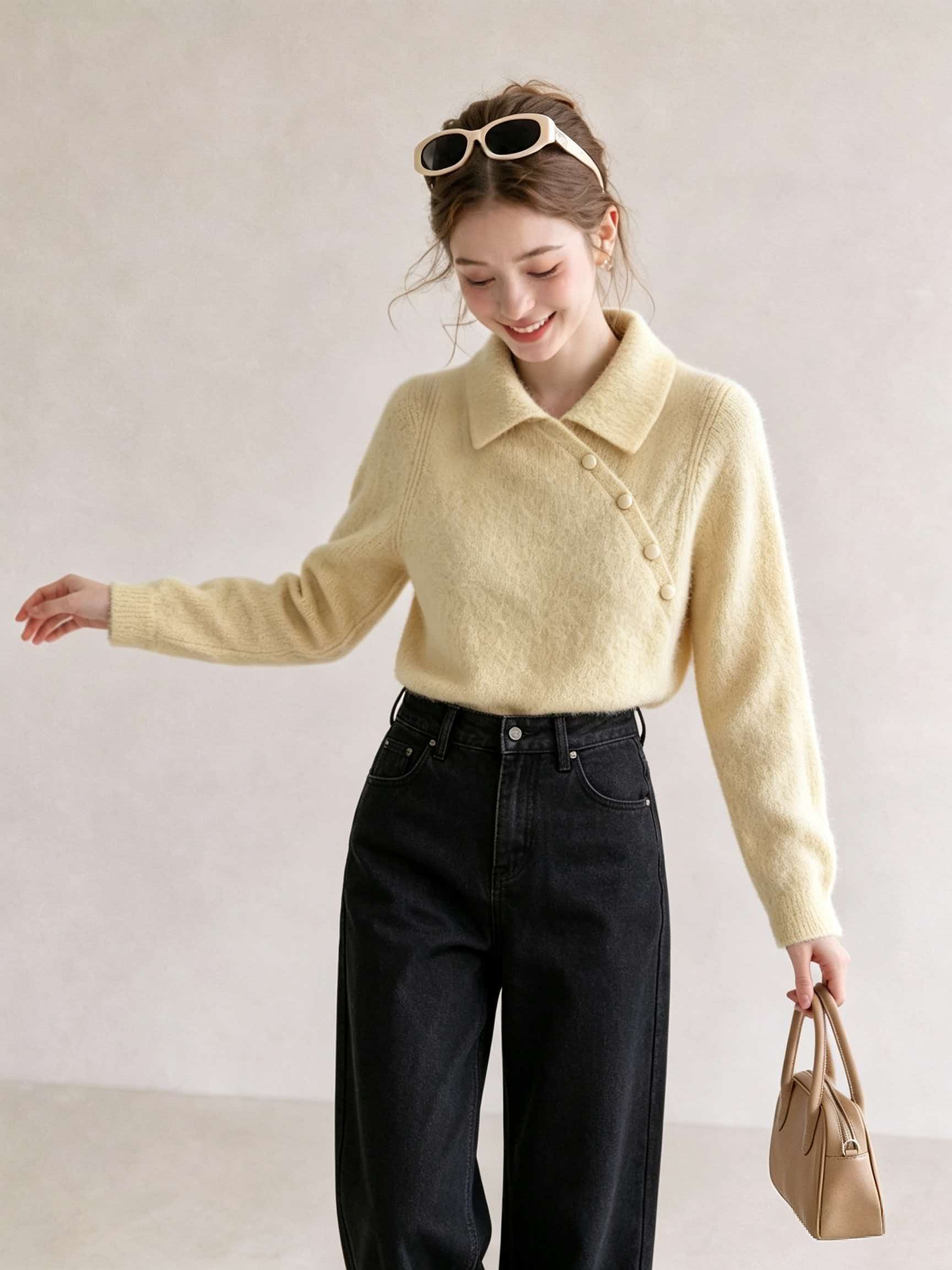 High-Quality Beige Apricot Knit Sweater with Collar and Ribbed Design for Women - Image 3