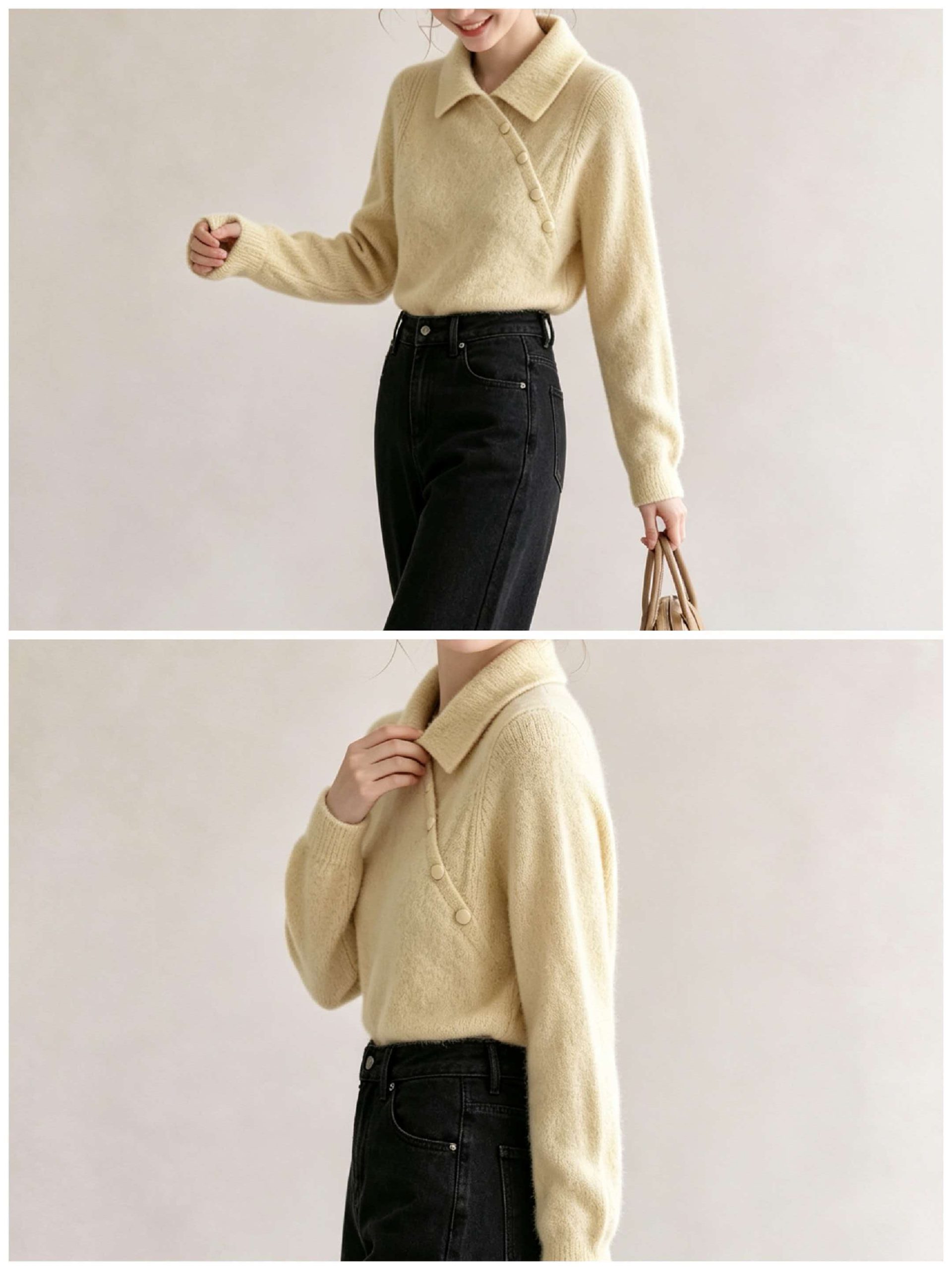 High-Quality Beige Apricot Knit Sweater with Collar and Ribbed Design for Women - Image 2