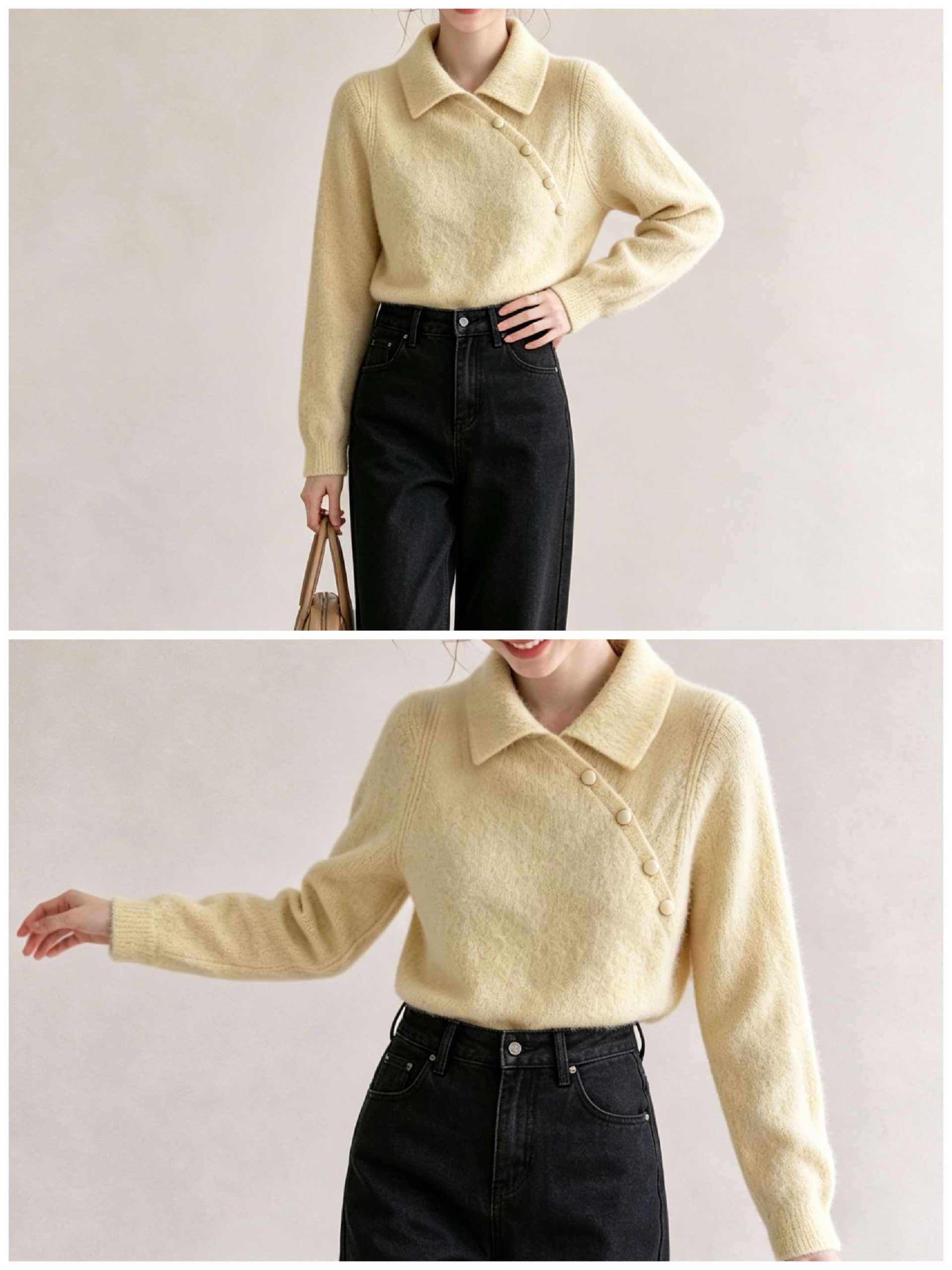 High-Quality Beige Apricot Knit Sweater with Collar and Ribbed Design for Women - Image 4